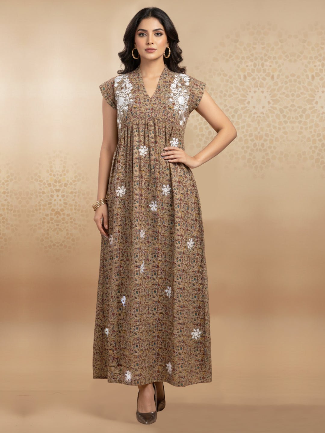 Women Printed Embroidered Cotton Jalabiya with Cap Sleeves-AL3697C Tan
