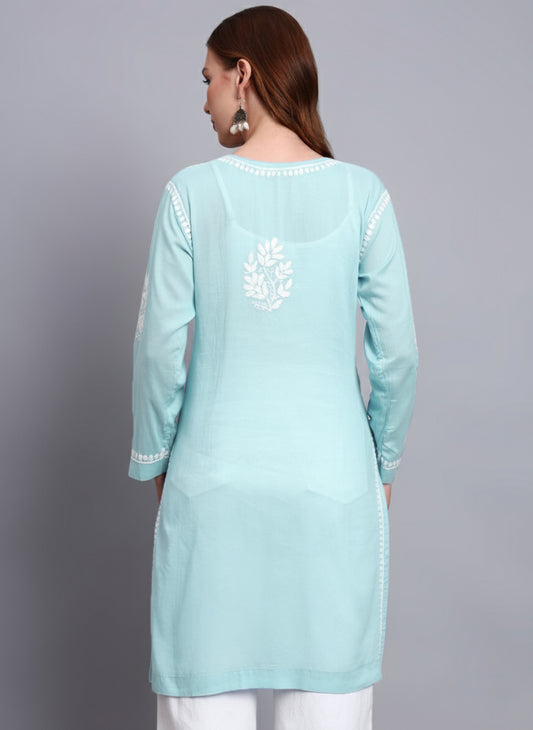 Women Hand Embroidered Chikankari Cotton Kurti -AL3685 Seagreen