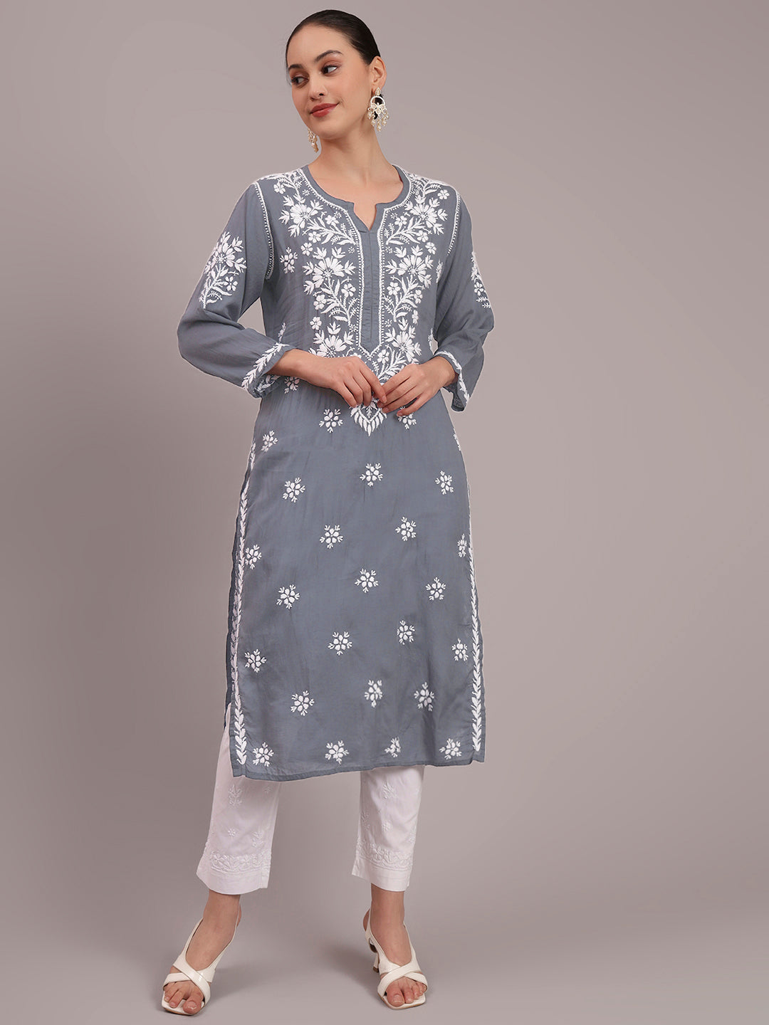 Women Hand Embroidered Modal Chikankari Kurta-AL4059 Grey