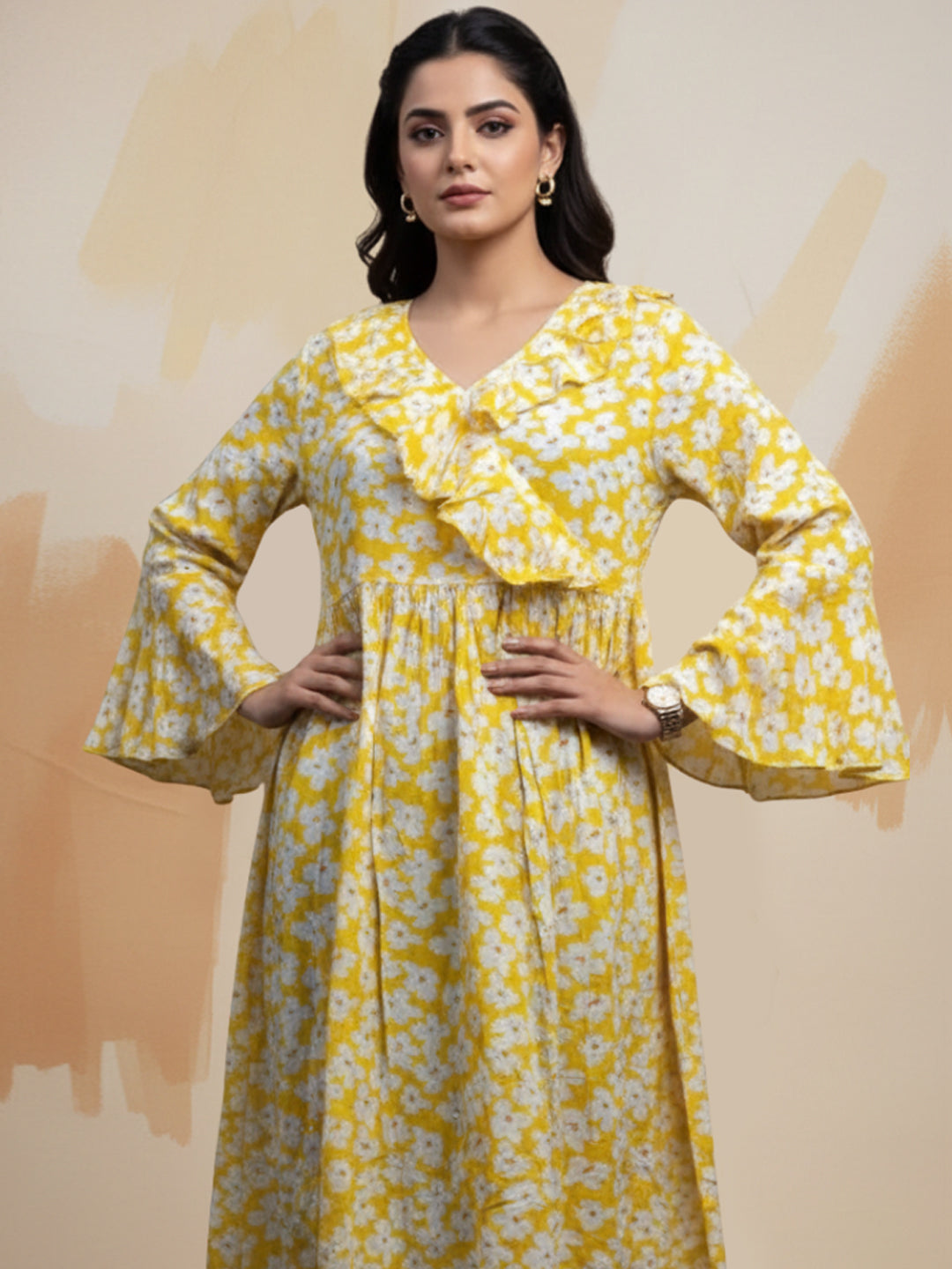Women Printed Cotton Jalabiya-AL4008 Yellow