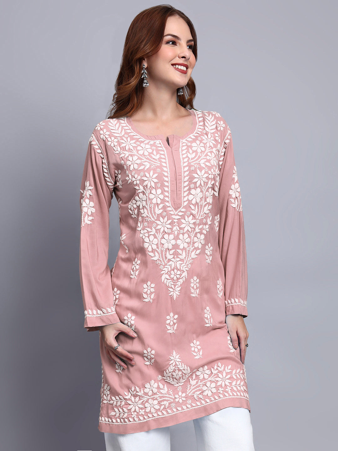 Women Hand Embroidered Chikankari Modal Kurti -AL3702 Rust