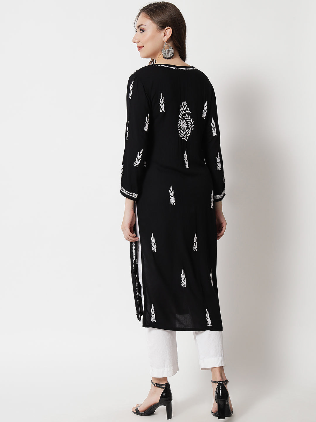 Hand Embroidered Chikankari Rayon Straight Kurta-AL3451 Black