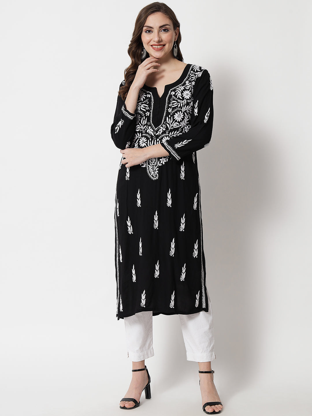 Hand Embroidered Chikankari Rayon Straight Kurta-AL3451 Black