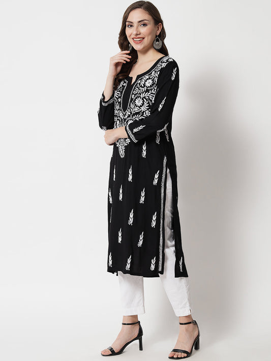 Hand Embroidered Chikankari Rayon Straight Kurta-AL3451 Black