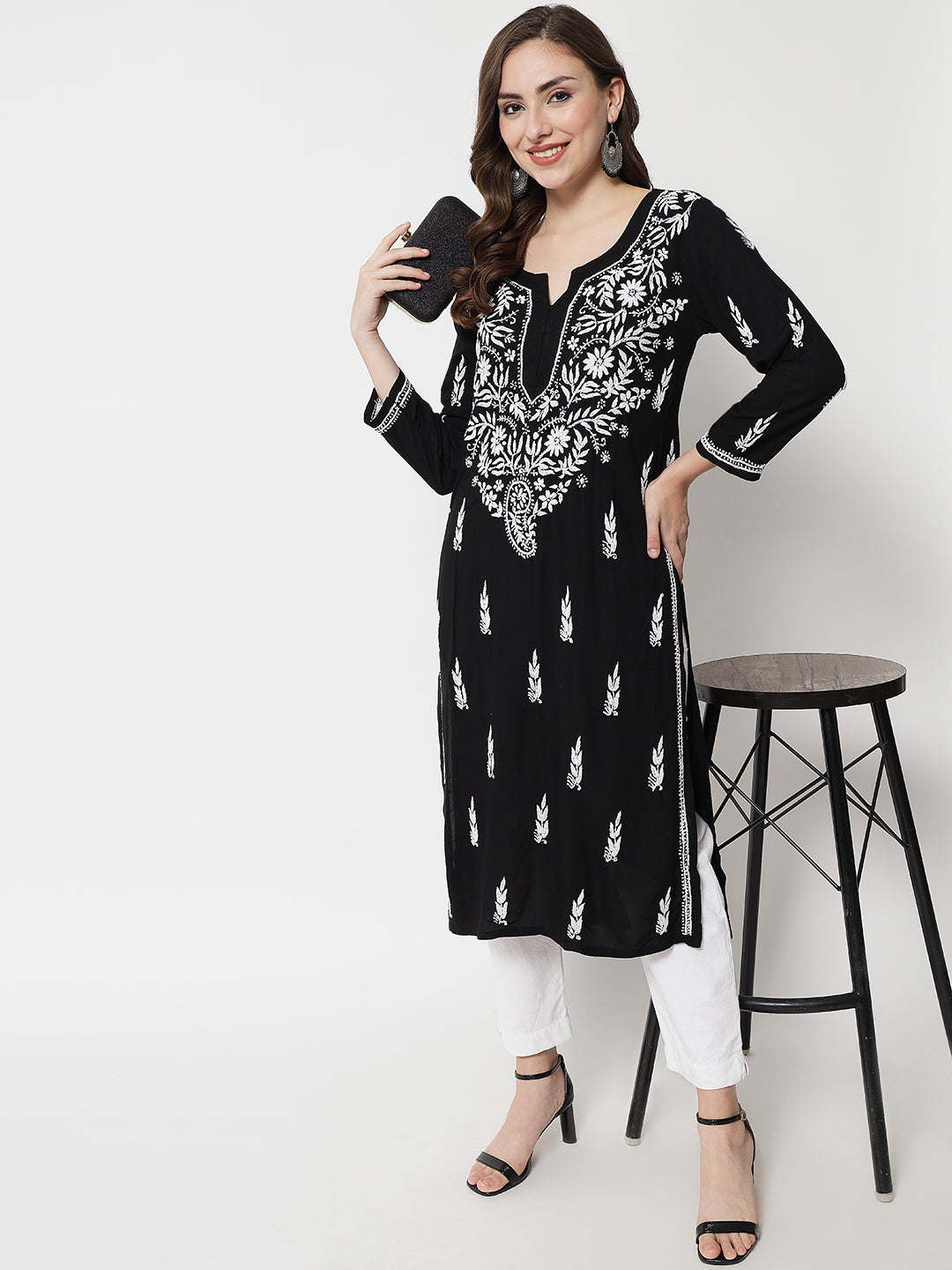 Hand Embroidered Chikankari Rayon Straight Kurta-AL3451 Black