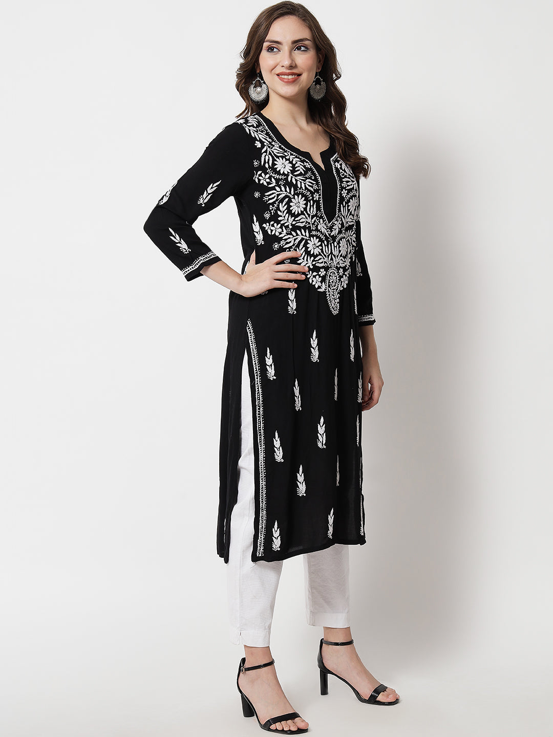 Hand Embroidered Chikankari Rayon Straight Kurta-AL3451 Black