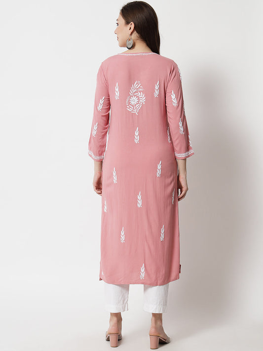 Hand Embroidered Chikankari Rayon Straight Kurta-AL3451 Rust