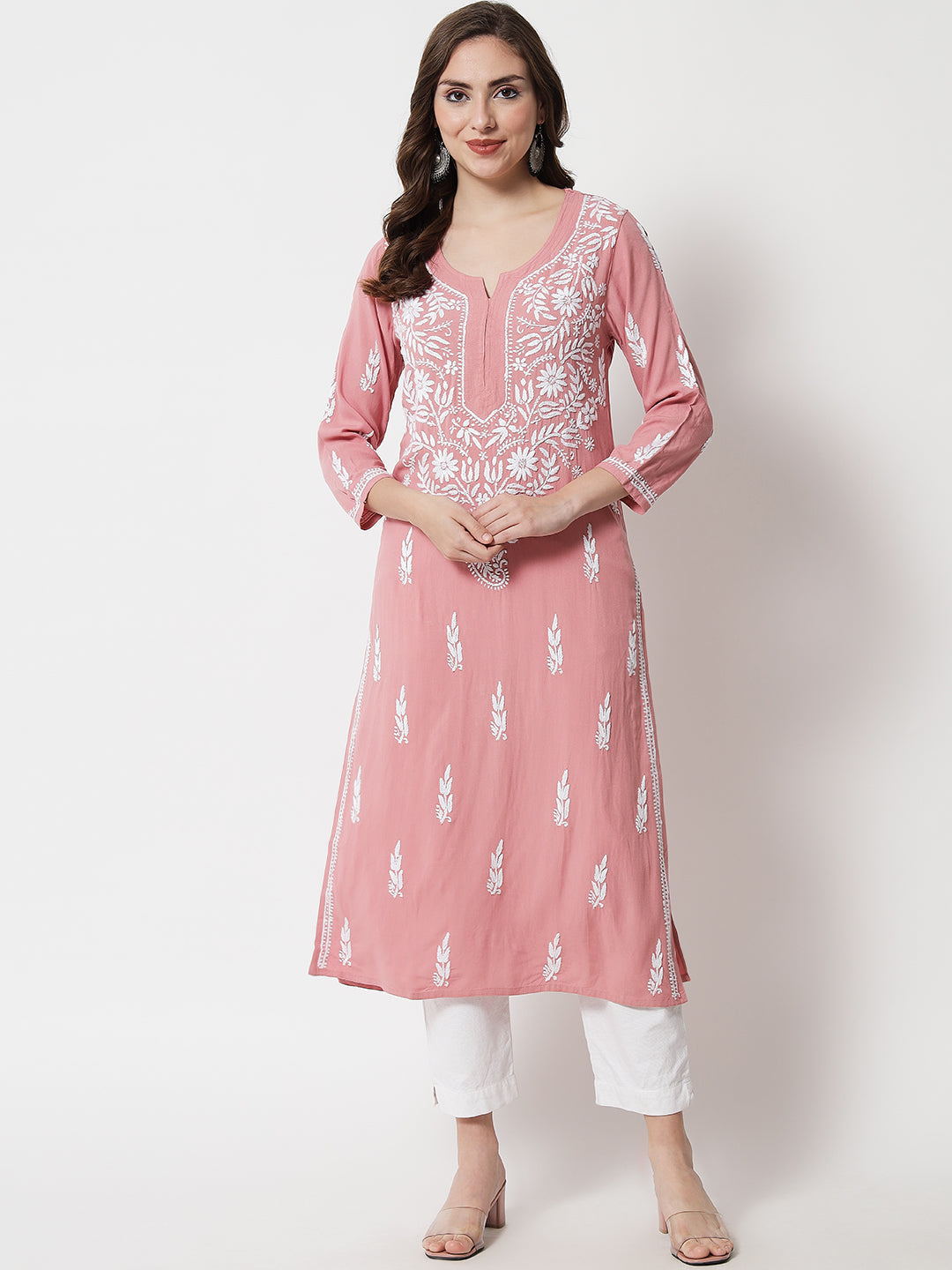 Hand Embroidered Chikankari Rayon Straight Kurta-AL3451 Rust