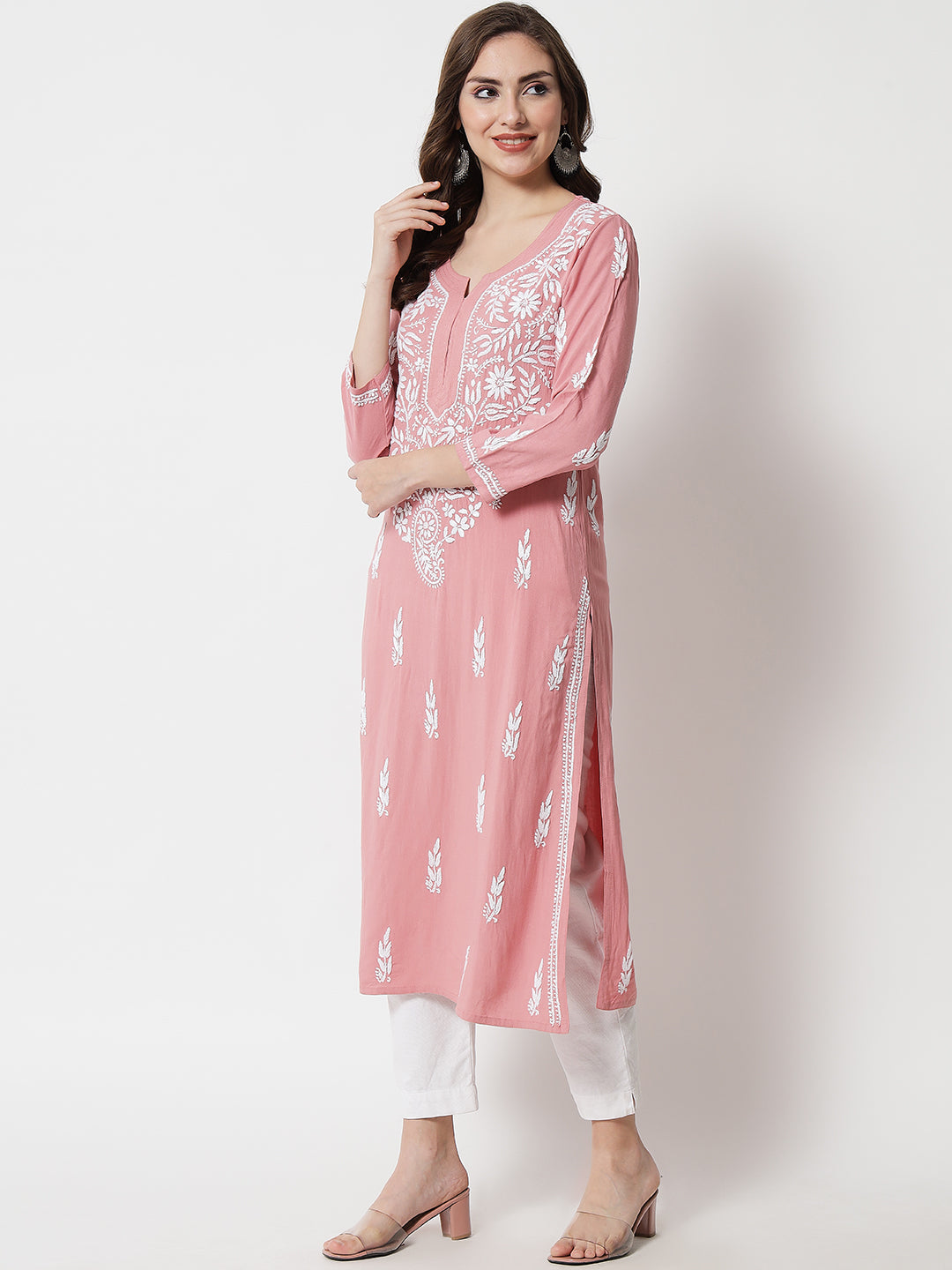 Hand Embroidered Chikankari Rayon Straight Kurta-AL3451 Rust