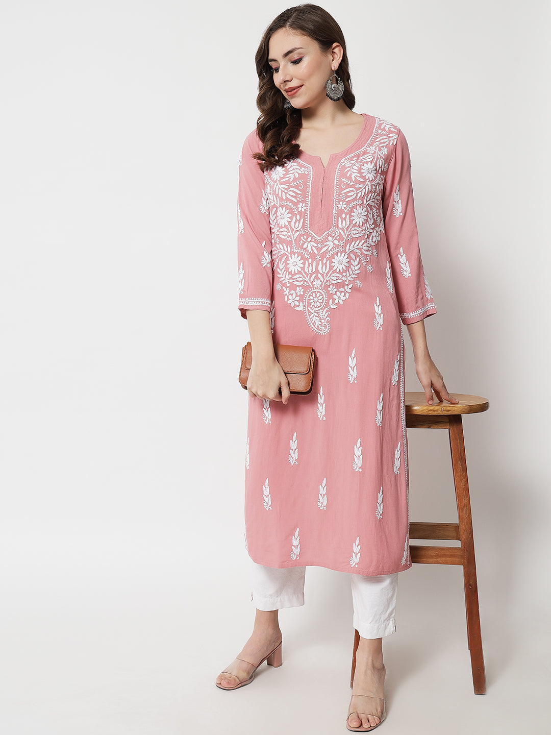 Hand Embroidered Chikankari Rayon Straight Kurta-AL3451 Rust