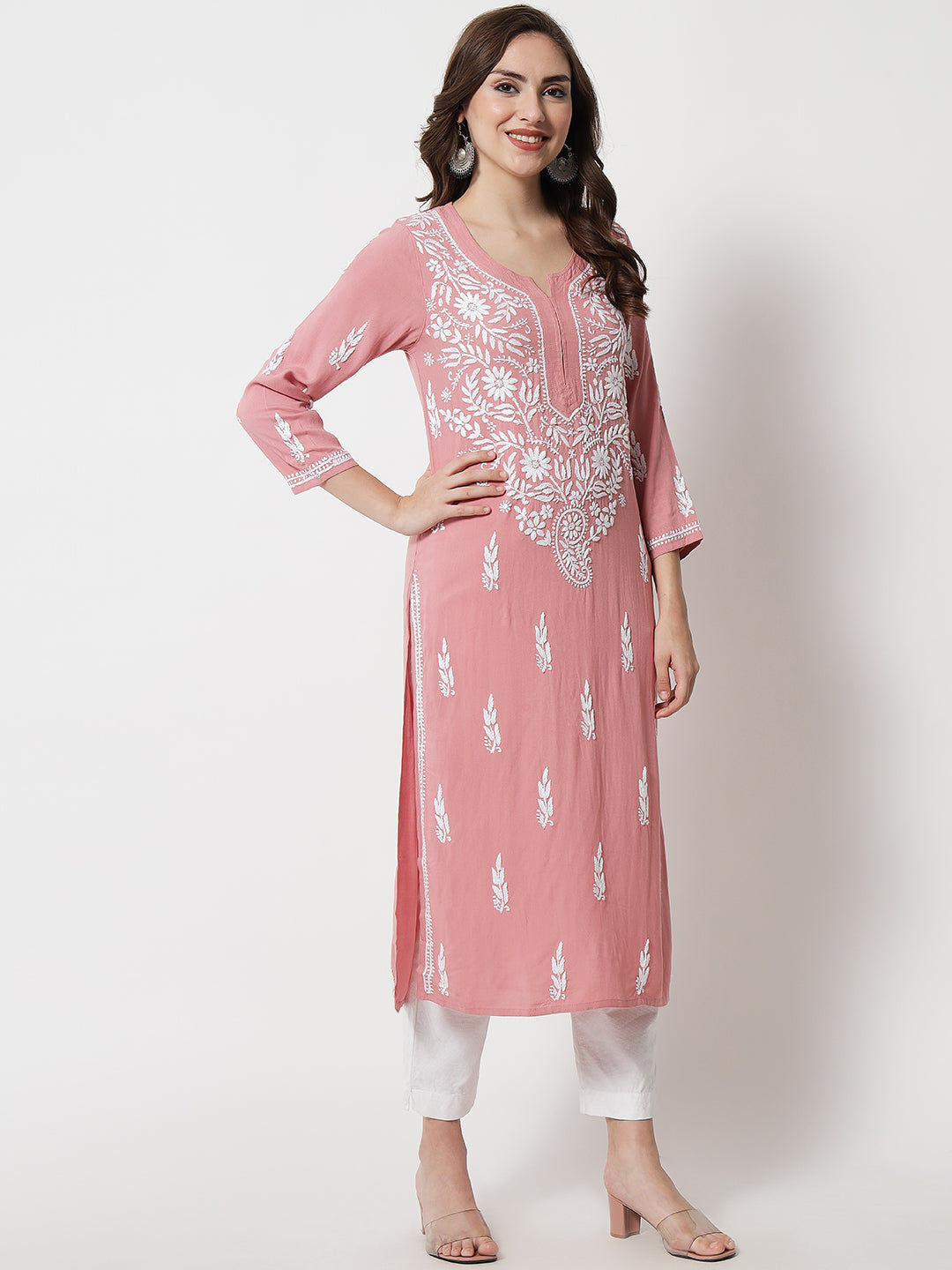 Hand Embroidered Chikankari Rayon Straight Kurta-AL3451 Rust