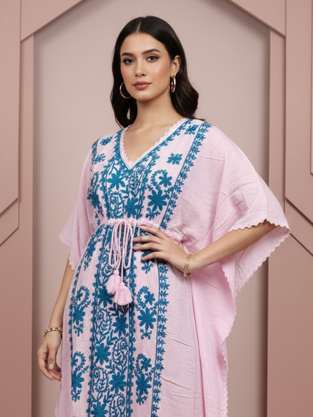 Hand Embroidered Chikankari Rayon Kaftan-AL3475 Turquoise