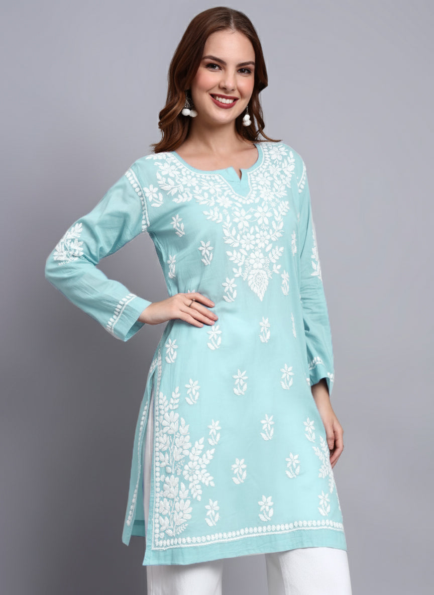 Women Hand Embroidered Chikankari Cotton Kurti -AL3685 Seagreen