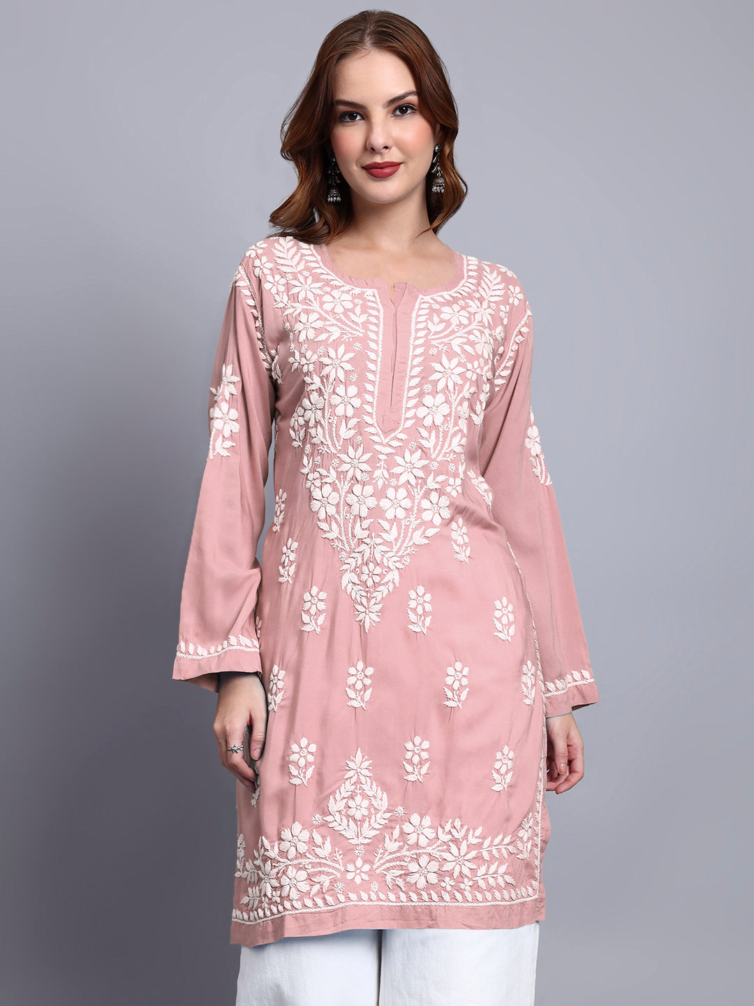 Women Hand Embroidered Chikankari Modal Kurti -AL3702 Rust