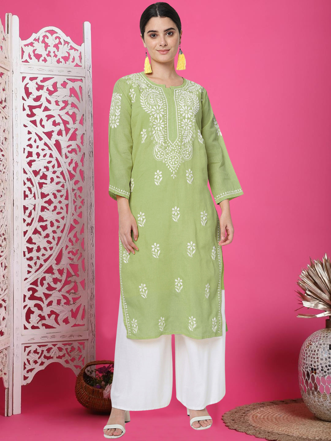 Hand Embroidered Chikankari Cotton Straight Kurta-AL3561 Olive