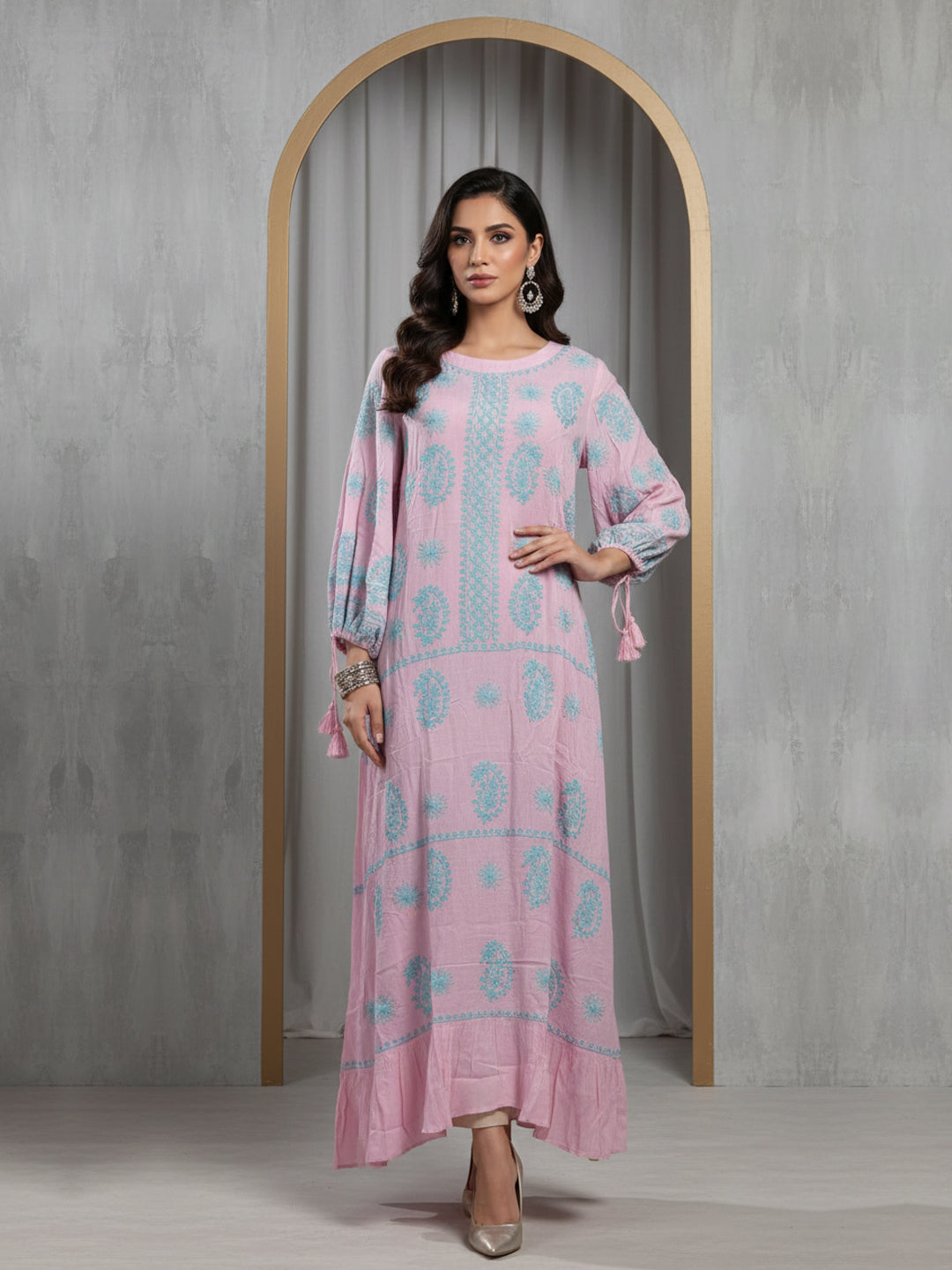 Hand Embroidered Chikankari Rayon Jalabiya-AL4048 Pink