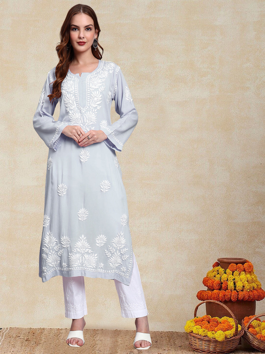 Hand Embroidered Chikankari Modal Straight Kurta-AL3683 Teal
