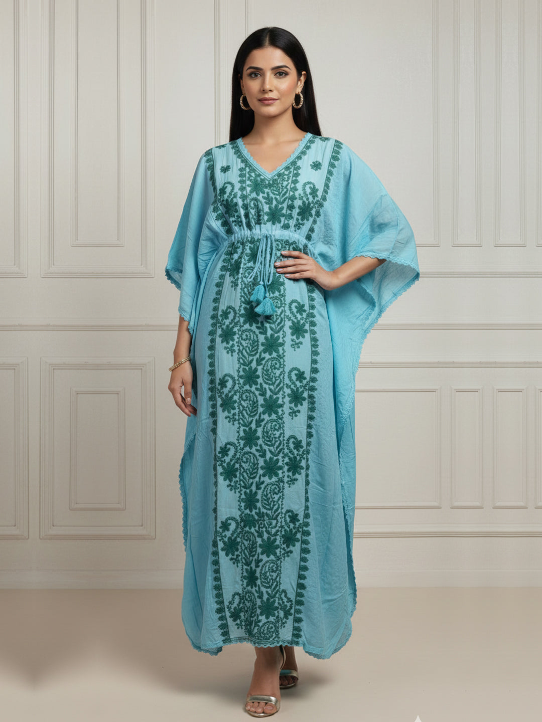 Hand Embroidered Chikankari Rayon Kaftan-AL3475 Ramagreen