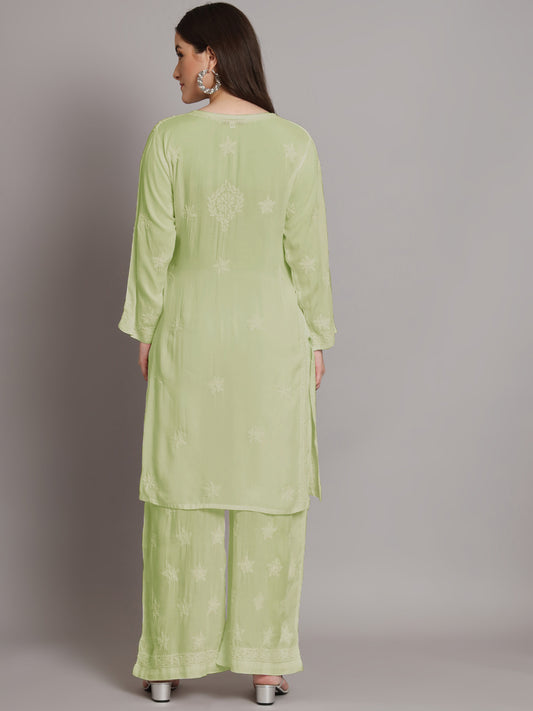 Hand Embroidered Chikankari Modal Kurta with Palazzo- AL3662KS Olive