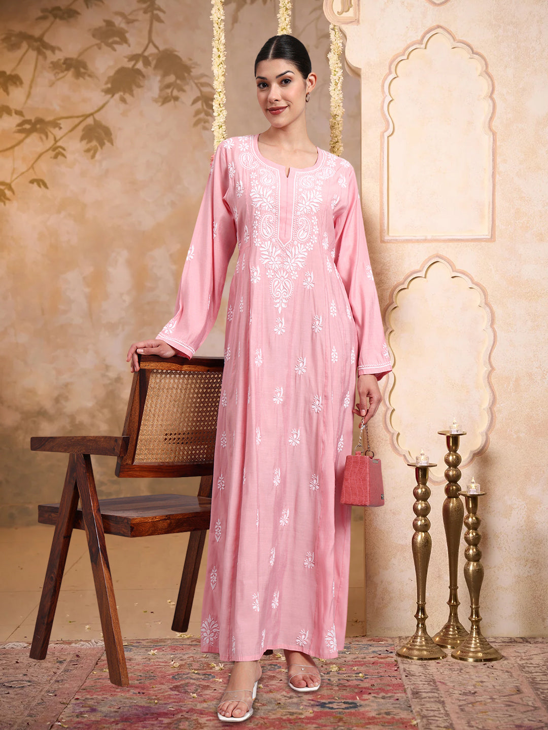 Hand Embroidered Chikankari Chanderi Jalabiya-AL4088 Pink
