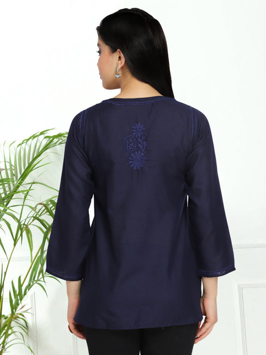 Hand Embroidered Chikankari Cotton Straight Kurti-AL3405 Navy