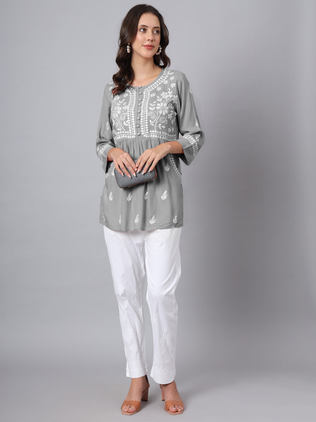 Women Hand Embroidered Chikankari Rayon Kurti with Pockets-AL3696 Grey