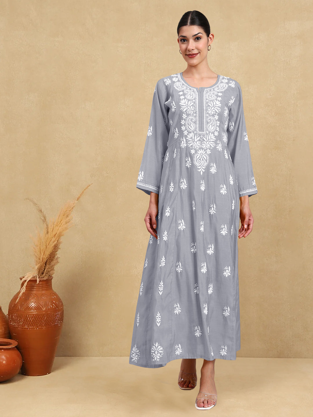 Hand Embroidered Chikankari Chanderi Jalabiya-AL4088 Grey