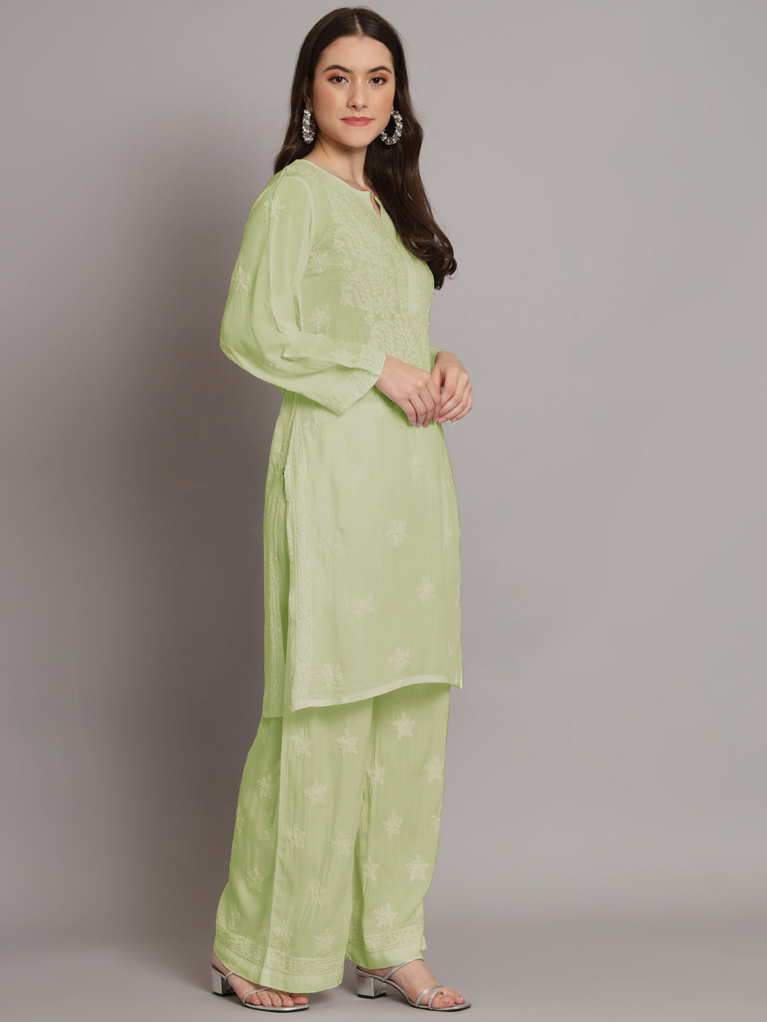Hand Embroidered Chikankari Modal Kurta with Palazzo- AL3662KS Olive