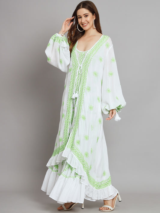 Hand Embroidered Chikankari Modal Kaftan-AL3605 White & Green