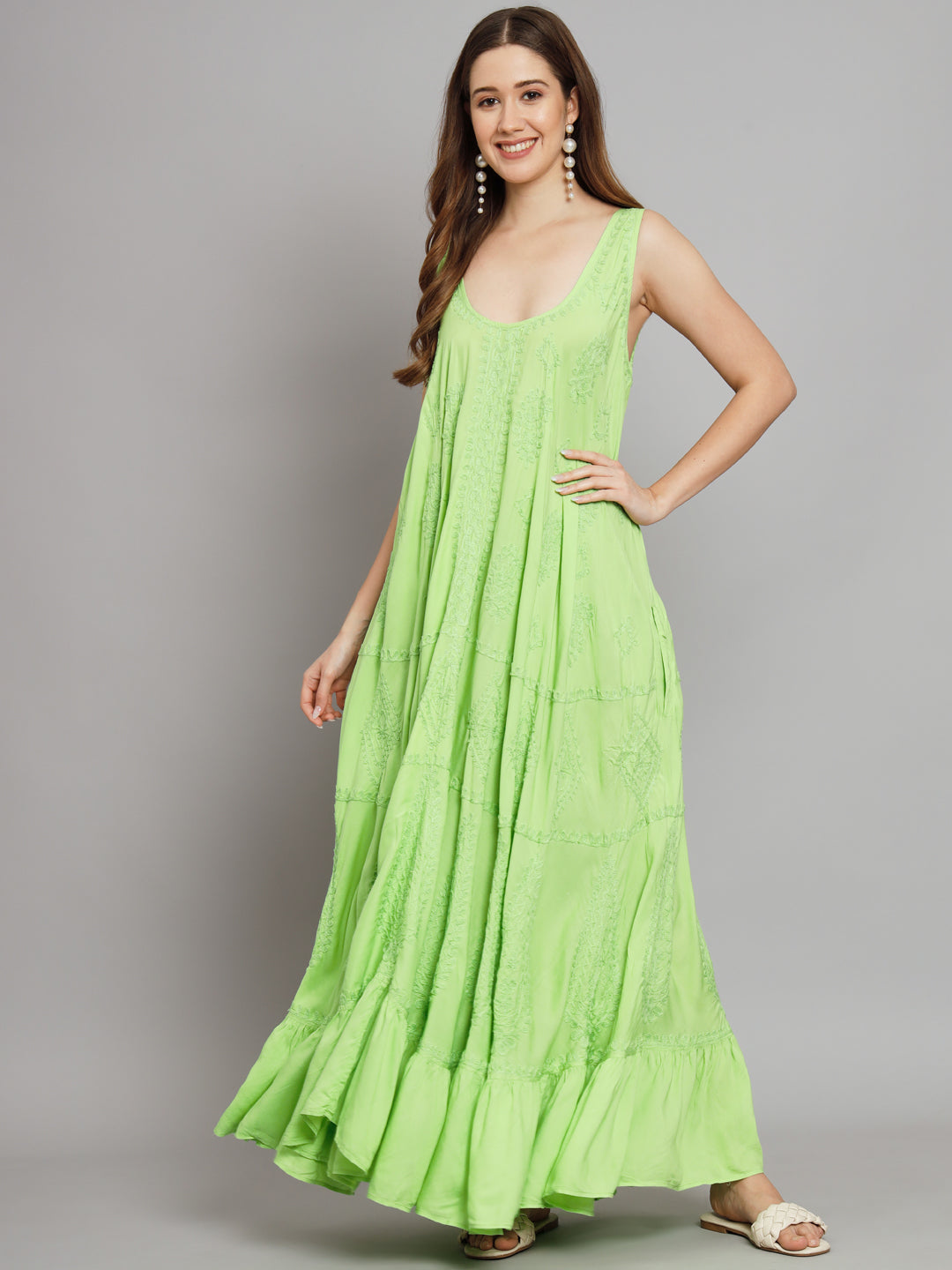 Hand Embroidered Chikankari Modal Kaftan-AL3605 Parrotgreen