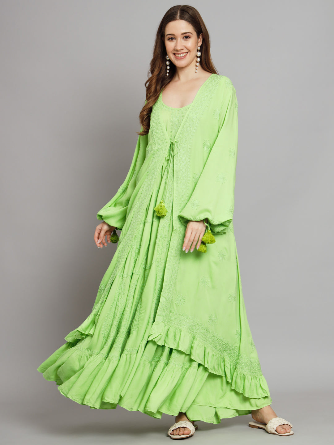 Hand Embroidered Chikankari Modal Kaftan-AL3605 Parrotgreen
