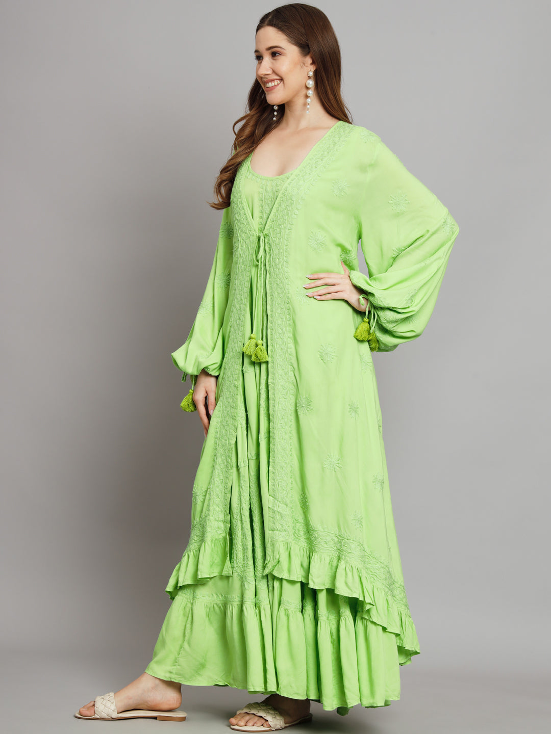 Hand Embroidered Chikankari Modal Kaftan-AL3605 Parrotgreen