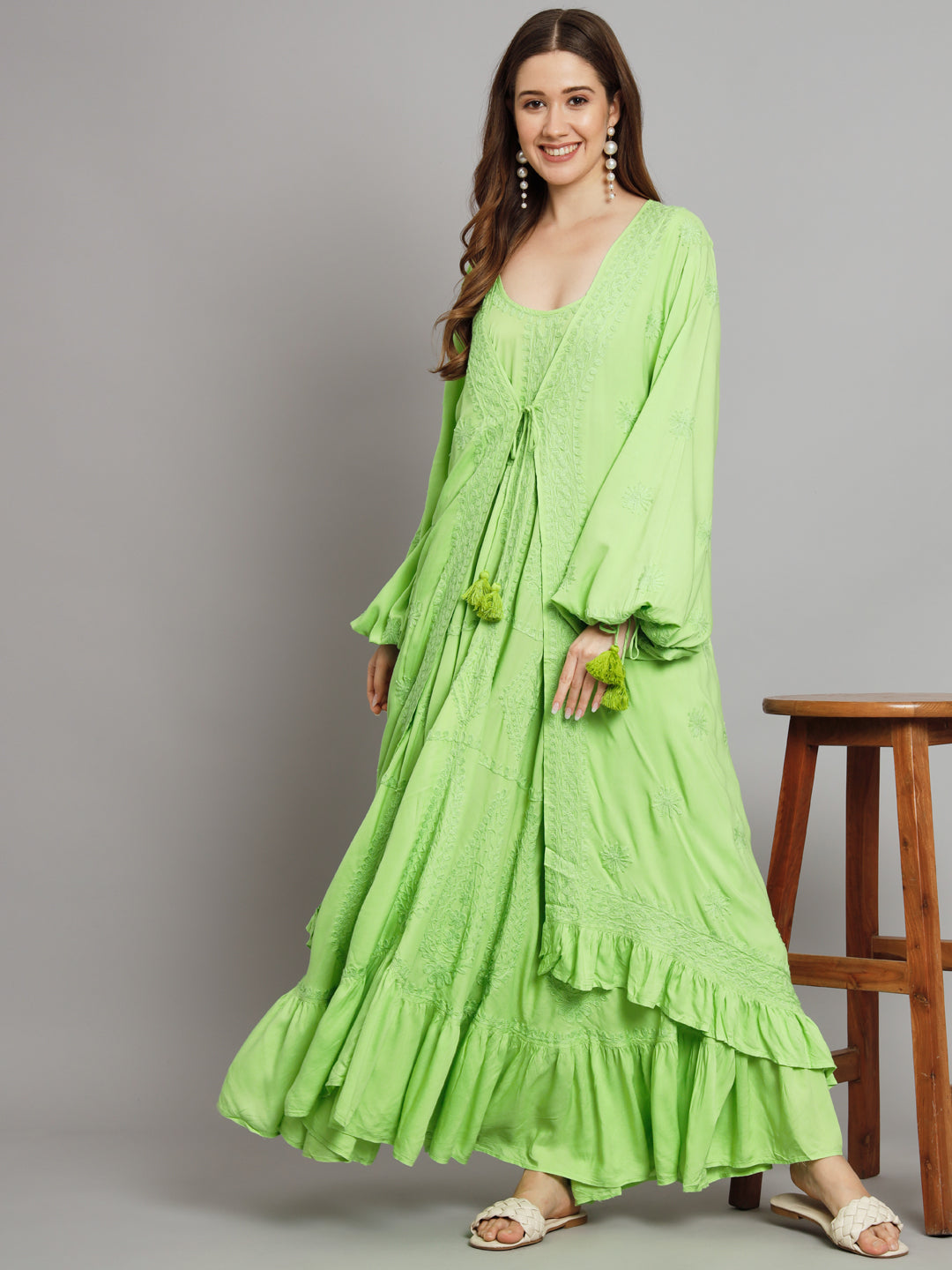 Hand Embroidered Chikankari Modal Kaftan-AL3605 Parrotgreen