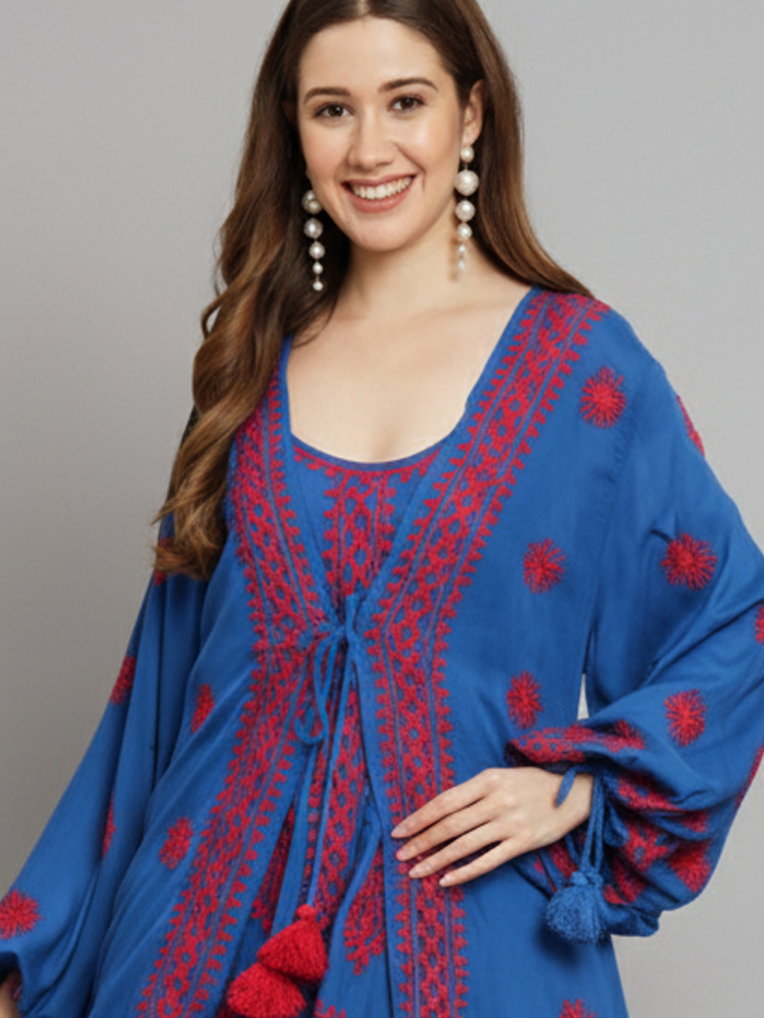 Hand Embroidered Chikankari Modal Kaftan-AL3605A Royalblue