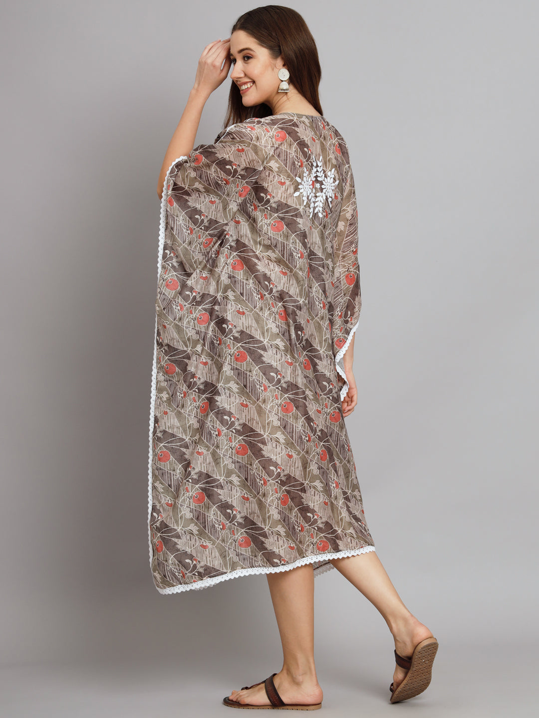 Hand Embroidered Chikankari Floral Print Cotton Midi Kaftan-AL3647 Green