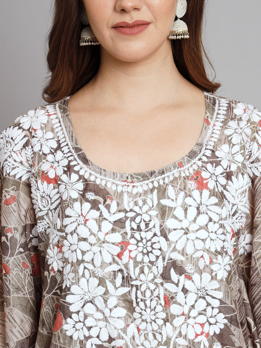 Hand Embroidered Chikankari Floral Print Cotton Midi Kaftan-AL3647 Green