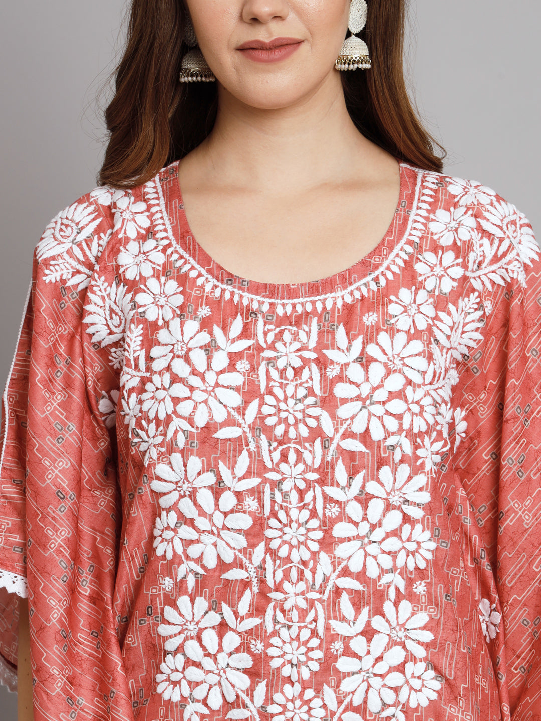 Hand Embroidered Chikankari Floral Print Cotton Midi Kaftan-AL3647 Peach
