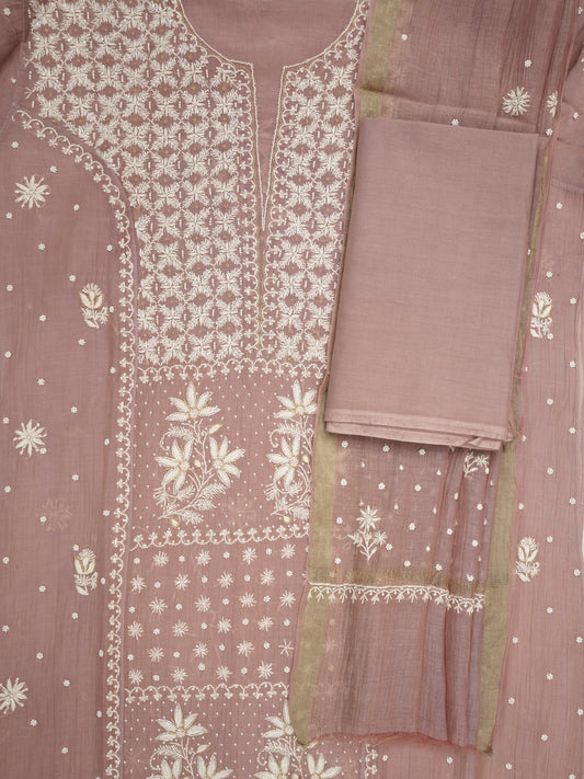 Women Hand Embroidered Premium Chikankari Mul Chanderi Unstitched Kurta Dupatta Bottom Set-ALSCA85201FS Rust