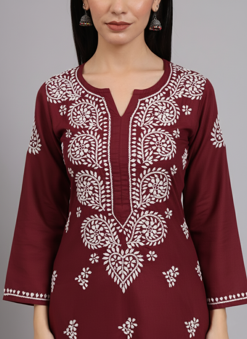 Women Chikankari Hand Embroidered Cotton Kurta -AL3997 Maroon