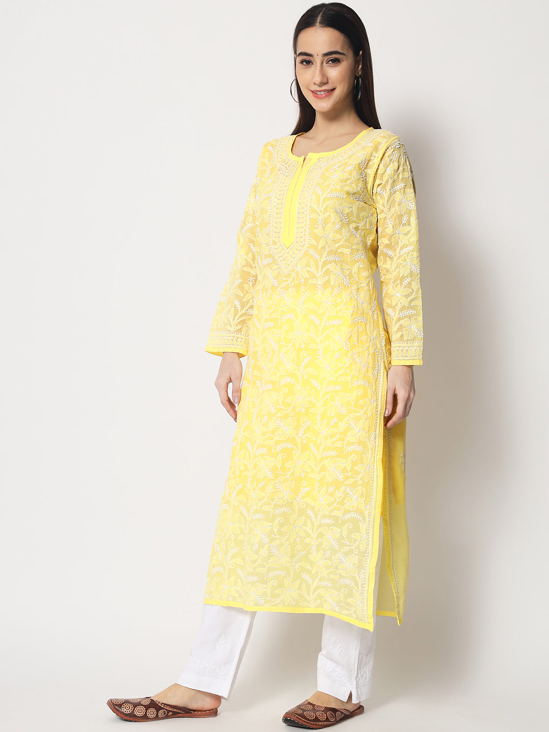 Women Hand Embroidered Chikankari Cotton Straight Kurta- AL3592 Mustard