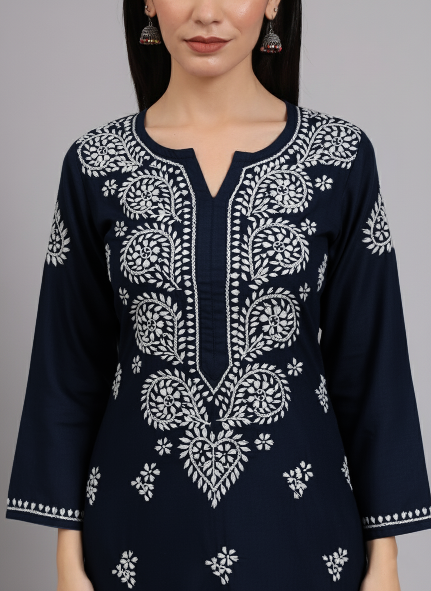 Women Chikankari Hand Embroidered Cotton Kurta -AL3997 Navy