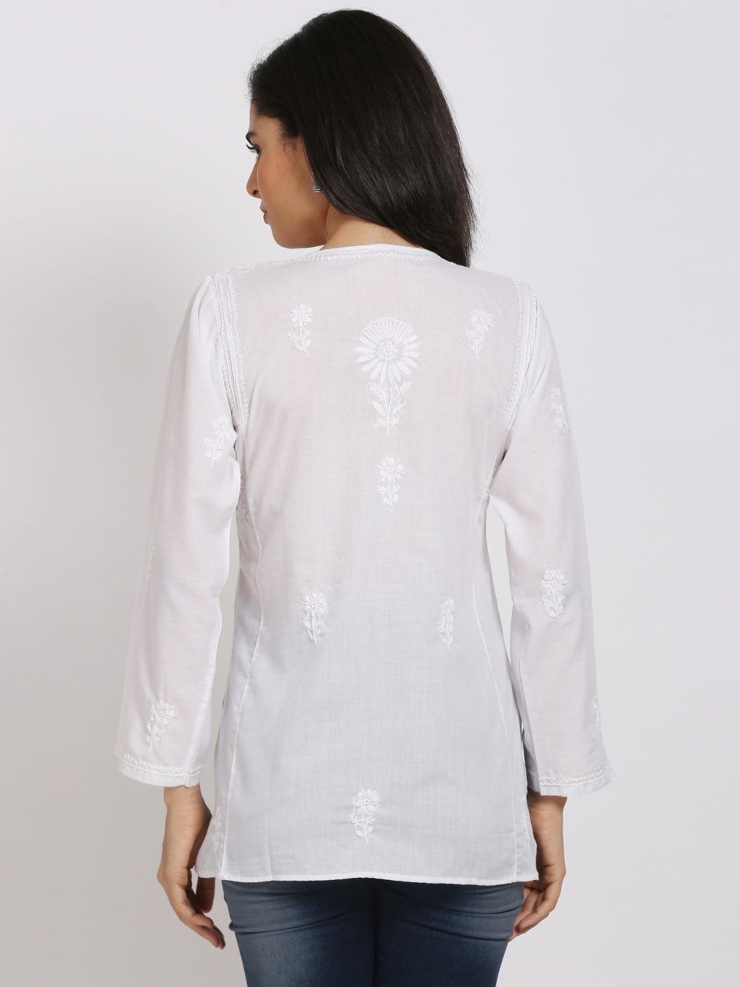 Women Hand Embroidered Chikankari Cotton Kurti-ALSTV115 White