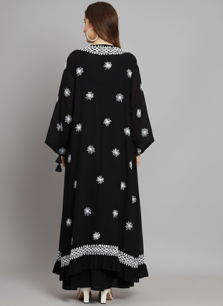 Hand Embroidered Chikankari Modal Kaftan-AL3605A Black&White