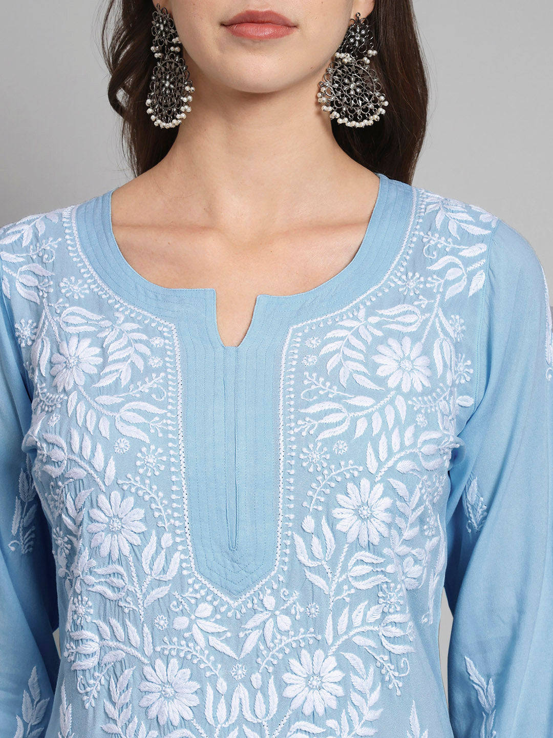 Women Hand Embroidered Chikankari Rayon Kurta set-AL3451KS Denim