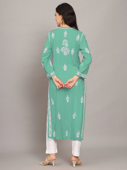 Women Hand Embroidered Chikankari Modal Kurta-AL4042 Sea Green