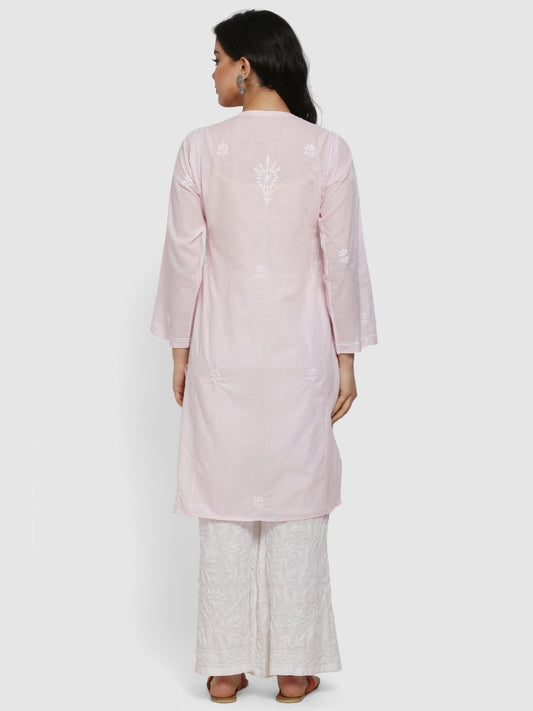 Hand Embroidered Chikankari Cotton Straight Kurta --ALNTV115 Babypink