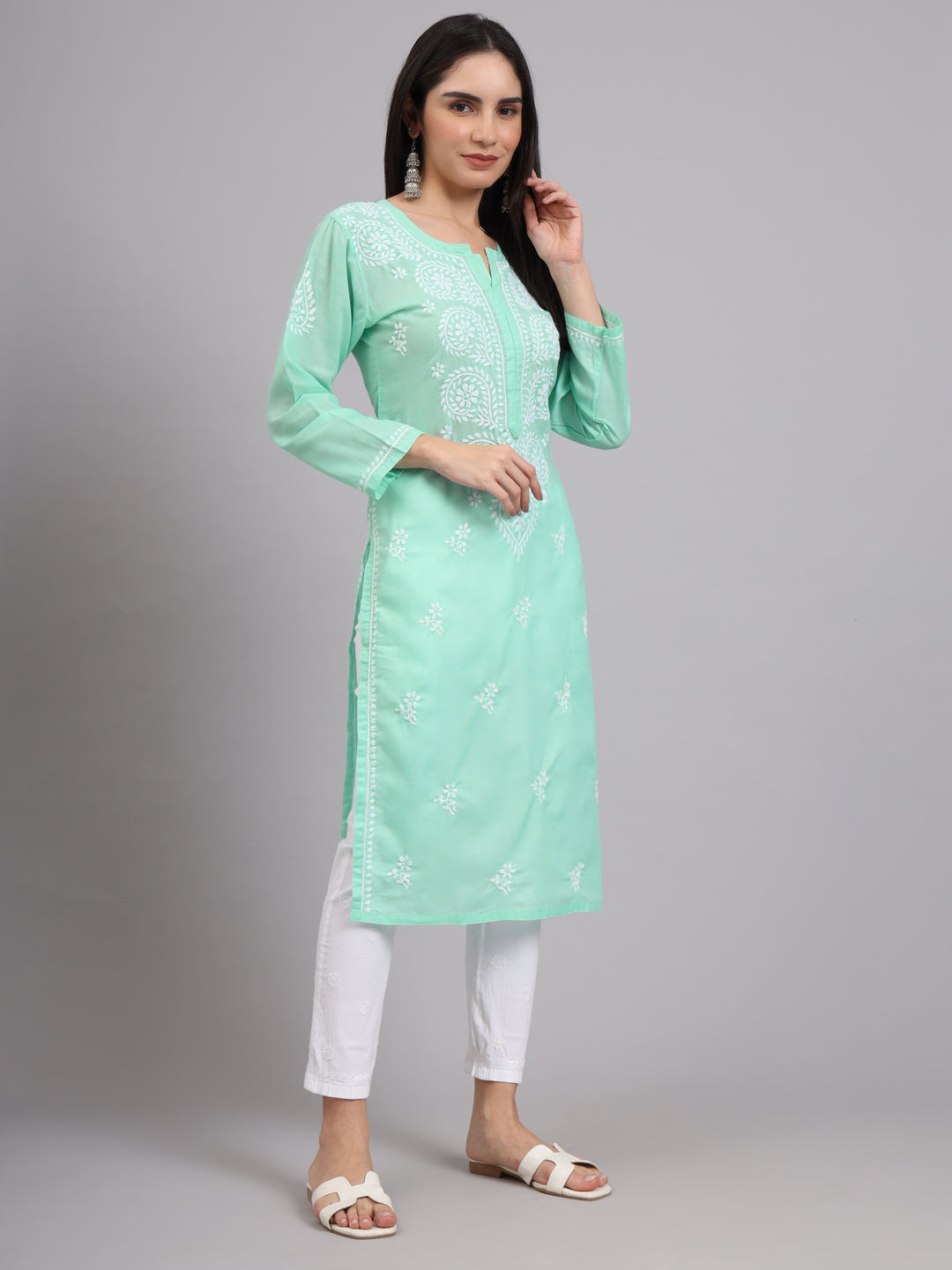 Hand Embroidered Chikankari Cotton Straight Kurta-AL3997 Sea Green