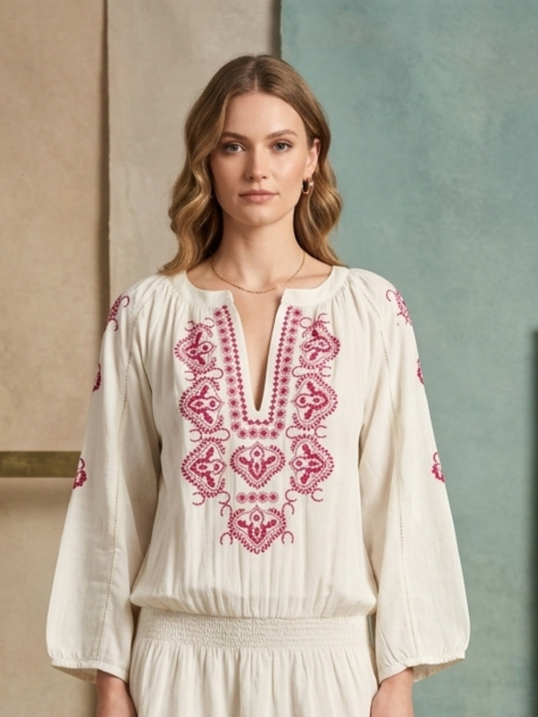 Women Embroidered Rayon Midi Dress -AL3754 Pink