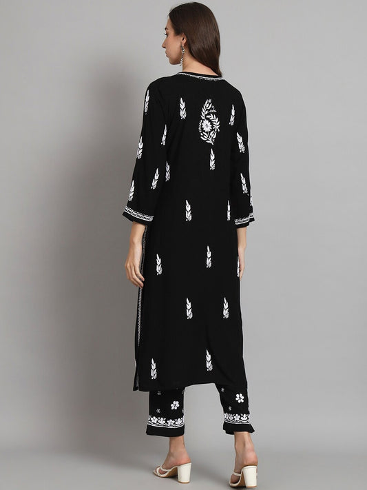 Women Hand Embroidered Chikankari Rayon Kurta set-AL3451KS Black