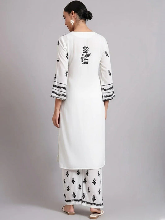 Women Hand Embroidered Lucknowi Chikankari Rayon Kurta Set-AL4078KS White & Black
